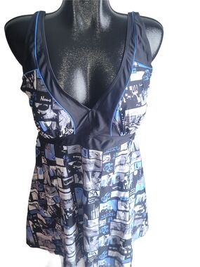 Ile Moorea Black & Blue Graphic Print Swim Dress Size XL